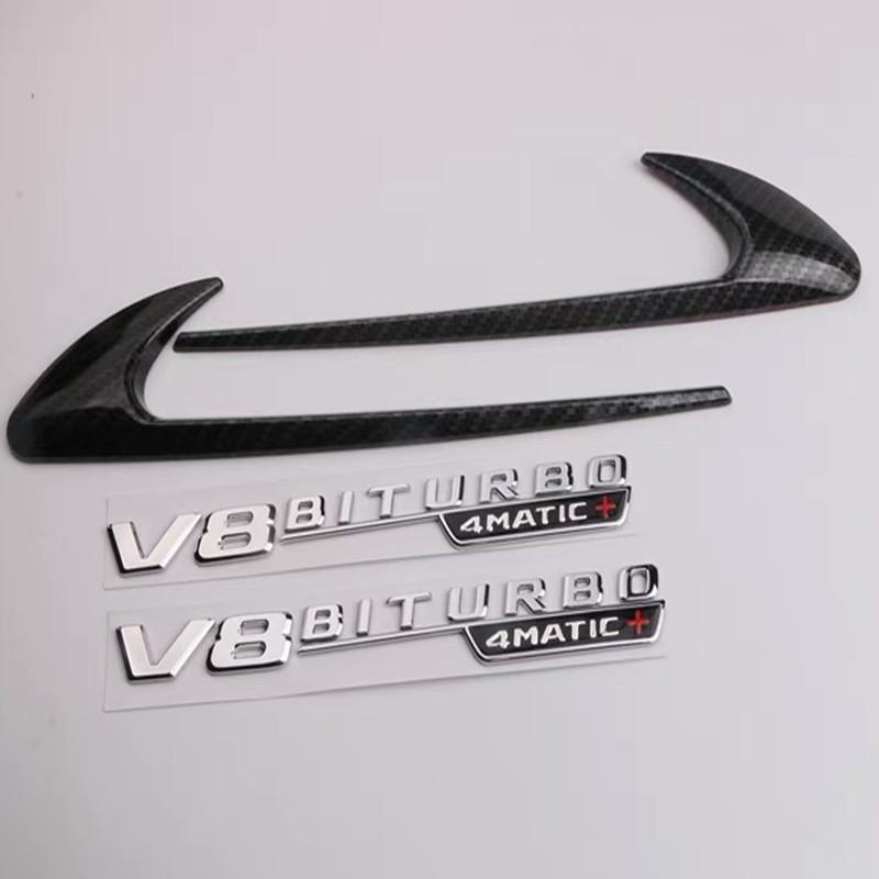 2pcs Vent Fender Trim Emblem Blade Logo V8 BITURBO 4MATIC+ for Mercedes Benz AMG V8 C200 C300 E300 E400 W213 Car Side Stickers