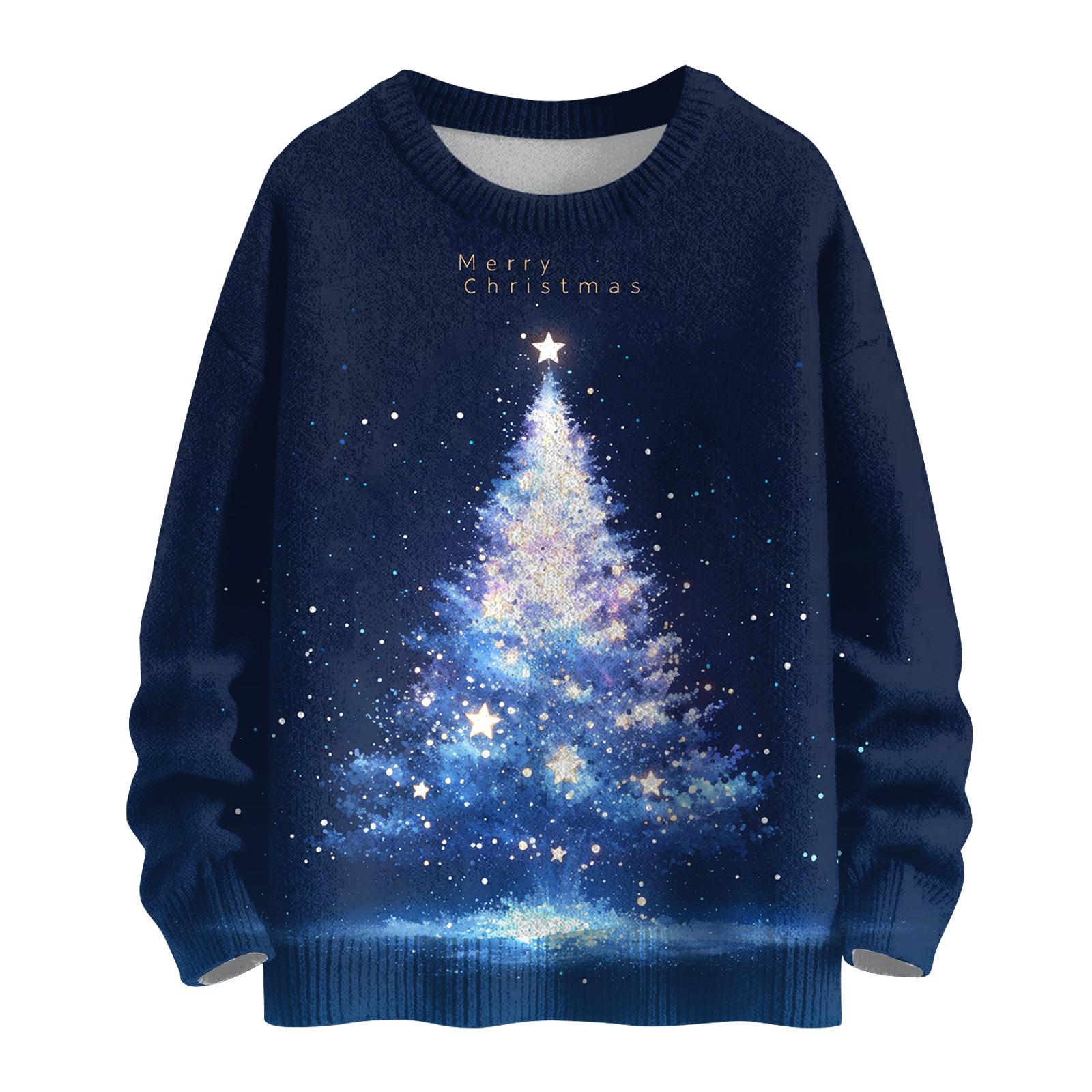 

Женский модный повседневный трикотажный свитер с длинным рукавом и рождественским принтом, круглый вырез L тёмно-синий
