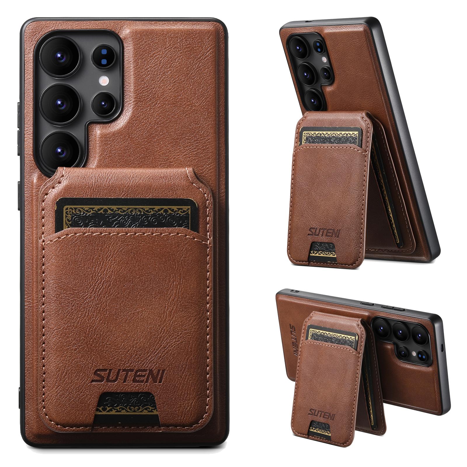 

For Samsung Galaxy S23 Ultra Magnetic Case with Card Bag Cowhide Texture Leather Phone Back Cover Brown