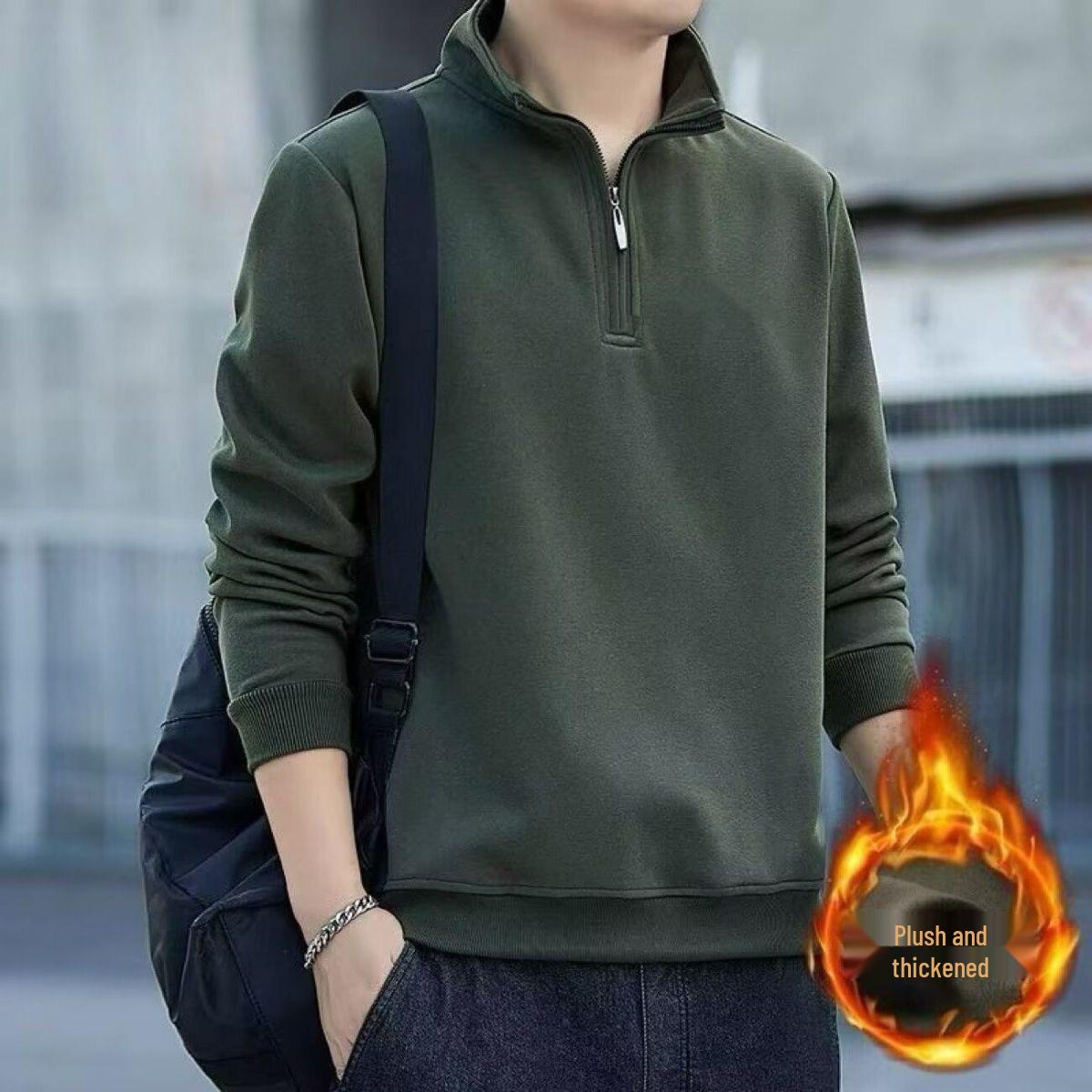 

Men s Stand Collar Loose Zip-Up Hoodie, Long Sleeve, Plus Velvet, Warm Casual Top for Autumn/Winter L зелений