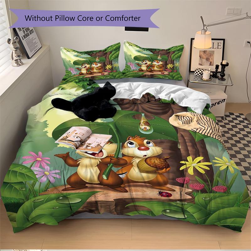 3pcs Cartoon Chip & Dale Print Bedding Set (1 Cover + 2 Pillowcases, Without Inserts) S007