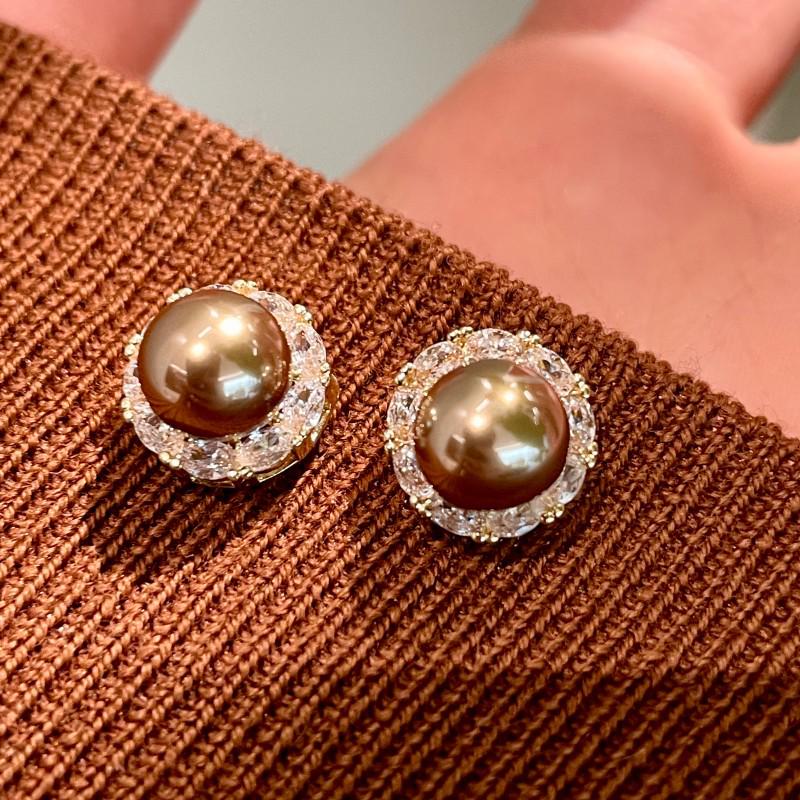 

Old Money Style S925 Sterling Silver Coffee Pearl & Cubic Zirconia Stud Earrings - Elegant, Luxurious, Super Shiny Ear Jewelry