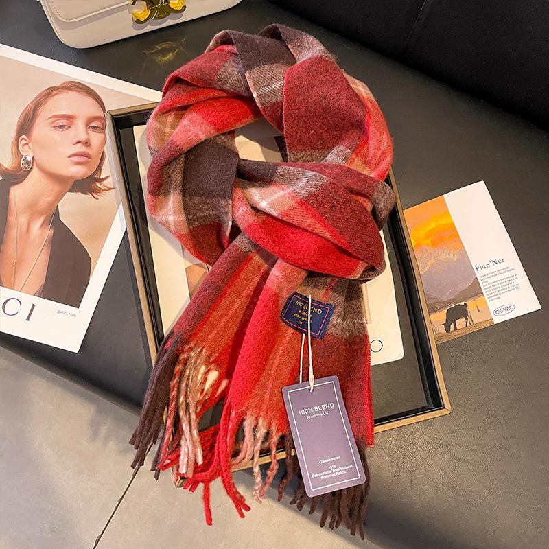 Red plaid scarf winter women's new high-end imitation cashmere scarf Christmas new thickened couple