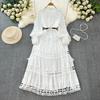 Court Style Elegant Dresses for Women Crochet Lace Hollow Out O-neck Lantern Sleeve Female Vestidos A-line Belted Dress Dropship