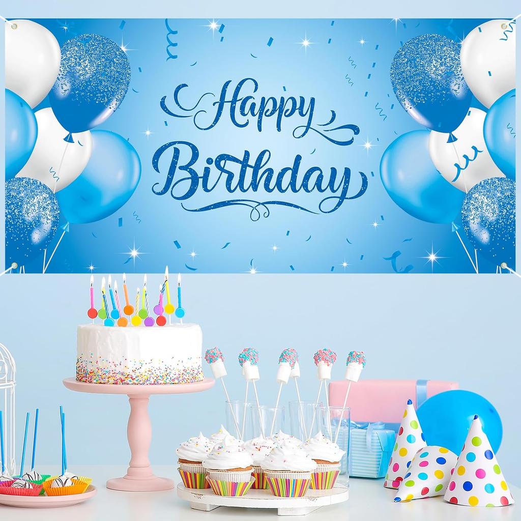 Roetyce Blue Birthday Banner, Light Blue Happy Birthday Backdrop for Girls Boys(5.9 x 2.9 Ft), Women Men Bday Party Photo Background