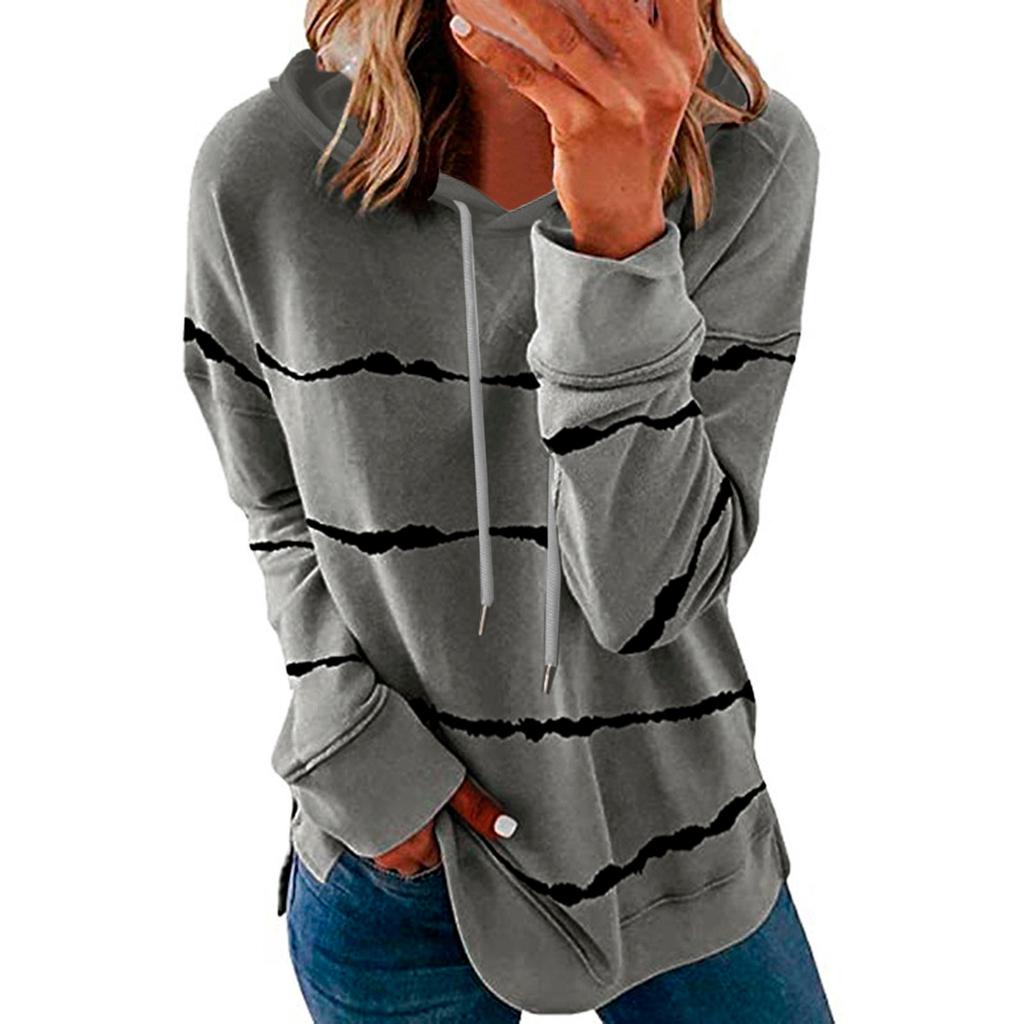 Women's Fashion Casual Stripe Print Hooded Long Sleeve Loose T Shirt Tops