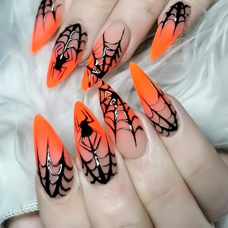 Halloween Press On Nails Medium Almond Fake Nails with Designs Bat Purple French Tip Glossy Glue On Nail 24 Pcs Natural Reusable Acrylic Nail for