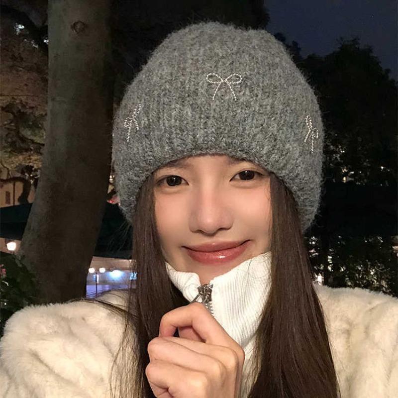 Fashion versatile big head circumference knitted wool hat winter hat women's bow sweet ear protection warm hat