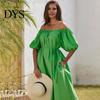 Puff Sleeve Midi Dress Women Off Shoulder Short Bubble Elastic Cuff Pleated Loose Solid Color Side Pockets Vacation Beach
