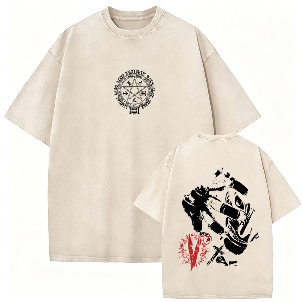Washed Vintage Anime Hellsing Yumie Takagi Graphic Tshirt Vampire Alucard Merch Tshirts Mens Gothic Manga Oversized T Shirts