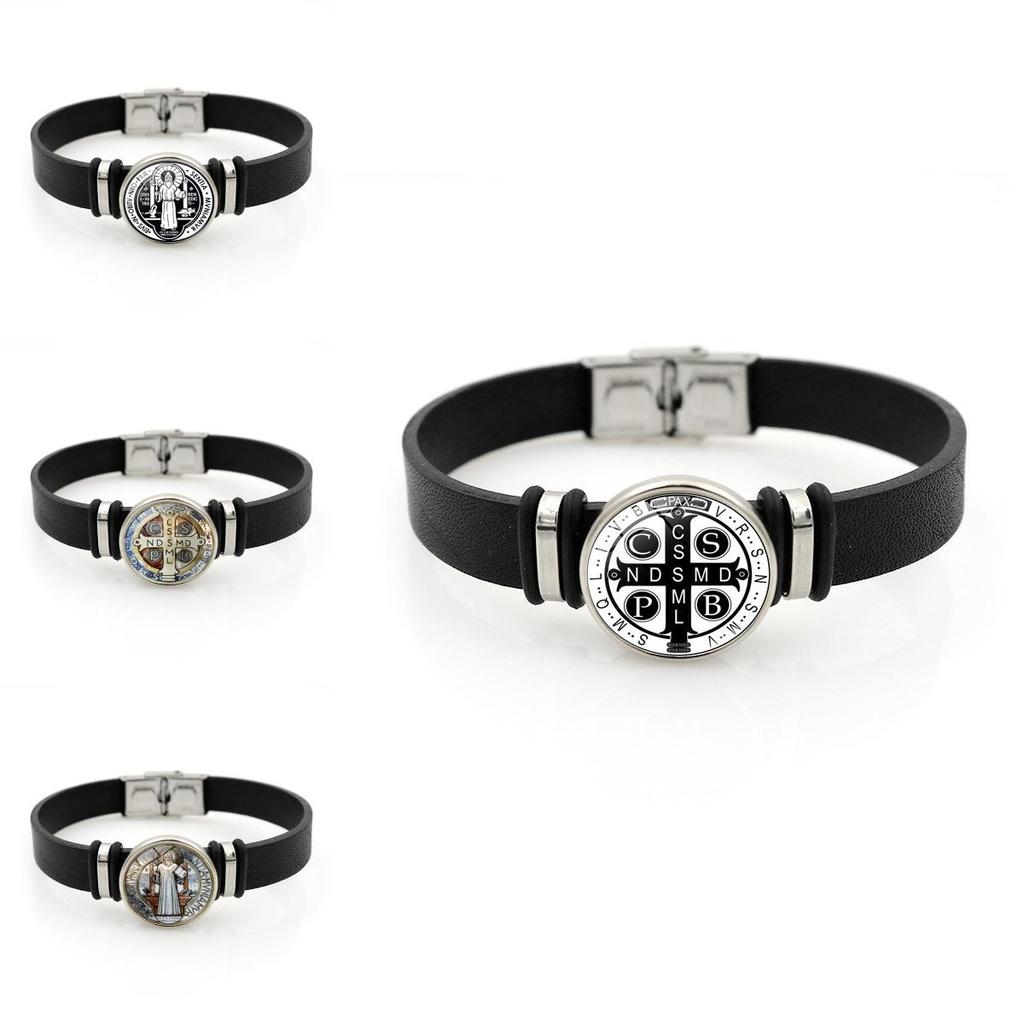 Elegant Saint Benedict Medal Adjustable Bracelet Stylish Black Leather Jewelry Unisex Gift