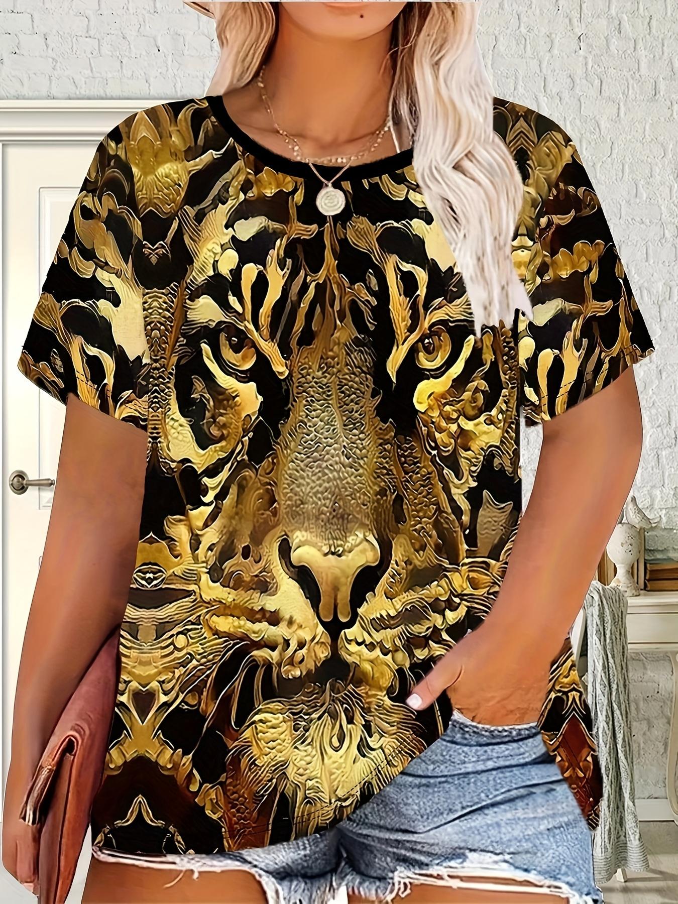 

Plus Size Women s 3D Golden Tiger Print T-Shirt - Summer Casual Round Neck Short Sleeve Top. Breathable Machine-Washable Fabric for Outdoor ; Daily We 2XL дубильна кора