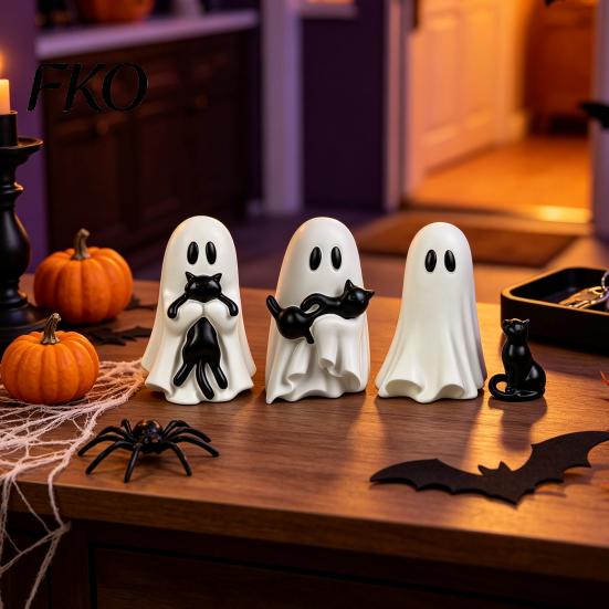 Miniature Ghost And Cat Craft Halloween Ornament, Hugging A Black Sculpture, Whimsical Figurine Resin Unique Figurine, for Home Bedroom Entrance