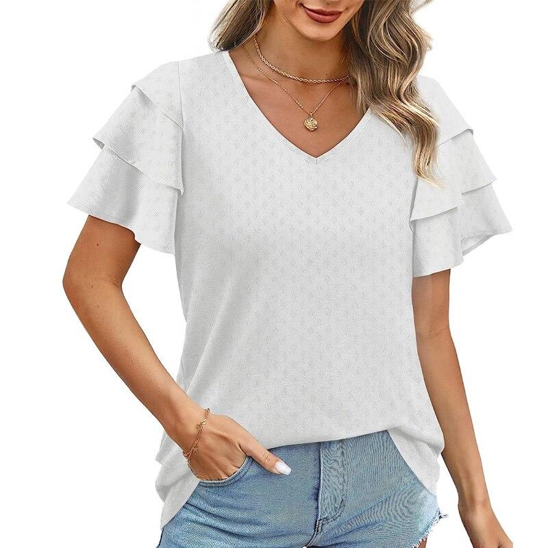 Casual Loose Summer Womens Shirts 2023 Fashion Short Sleeve Chiffon Blouse Women Tops Elegant Female Clothing V Neck 26486