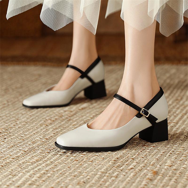 Fashion New Genuine Leather Vintage Women Shoes Fashion Square Toe Pumps Chunky Heel Spring Shoes Women Zapatos De Mujer Mary Jane Shoes