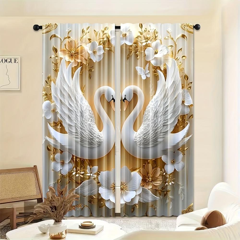 Artistic Elegant Swan Floral Print Curtains White Gold Polyester Living Room Bedroom Study Home Decor Set Of 2 Made