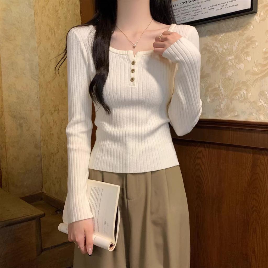 Damen Koreanischer Stil Langarm Tiefausgeschnittenes Strickoberteil Herbst Winter Stilvoll Slim Fit Basisschicht Elegantes Oberteil