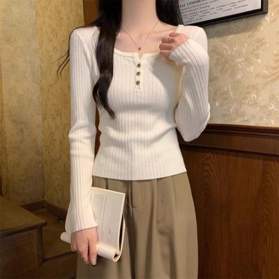 Women's Korean Style Long Sleeve Low Neck Knitted Top Autumn Winter Stylish Slim Fit Base Layer Elegant Upper Garment