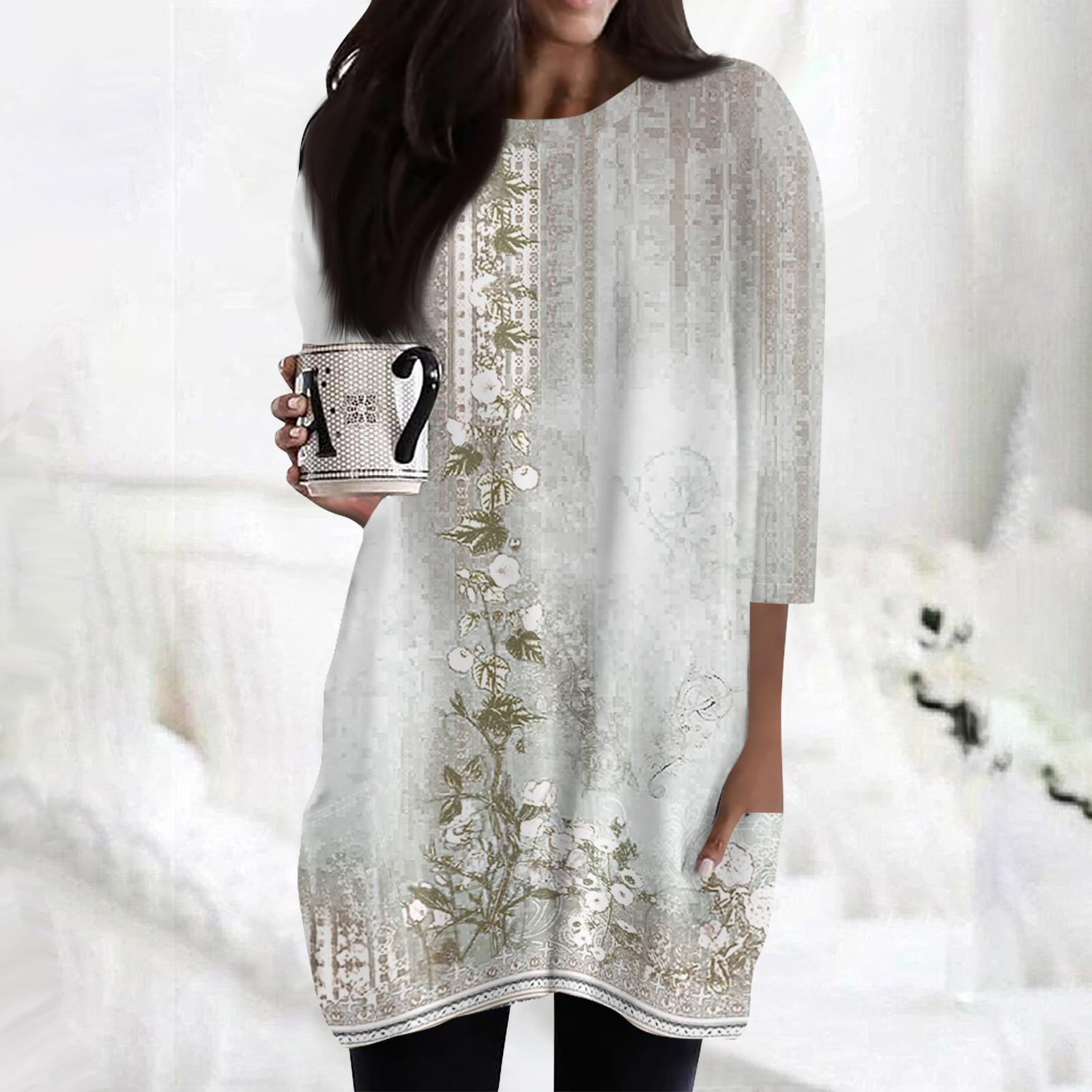 

Жіночі повсякденні сорочки з рукавом 3/4, модні туніки з принтом і кишенями XL сірий колір