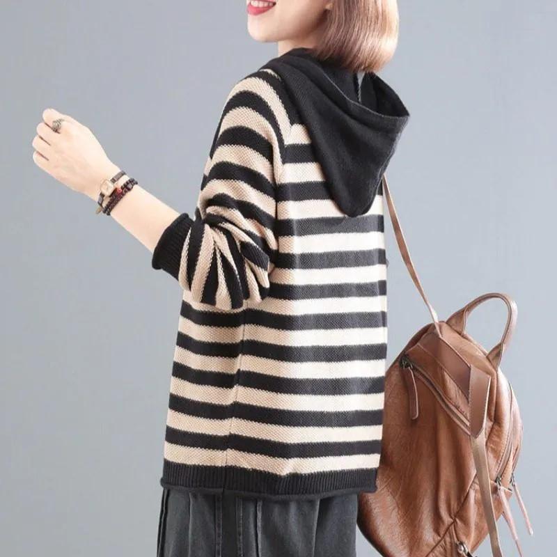 Sweater for Women Autumn Winter Hooded Pullover Warm Knitted Stretchy Long Sleeve Oversize Jumper Tops
