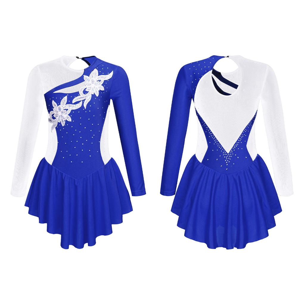 Girls Figure Skating Dress Sequins Mesh Long Sleeve Leotard Gymnastics Suit Ballet Clothing Dance Costume