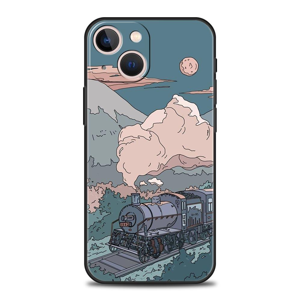 Japan Sunset Scenery Luxury Phone Case For iPhone 13 15 14 12 11 Pro MAX XR X SE XS 7 8 Plus Silicone Black Protection Cover