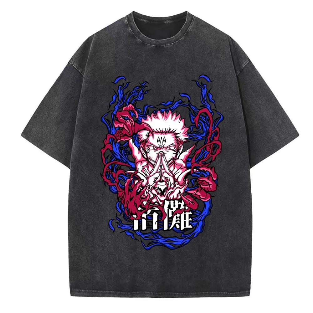Anime Jujutsu Kaisen Bedrucktes T-Shirt für Herren und Damen Gewaschenes T-Shirt Hohe Qualität Vintage Baumwoll-T-Shirt Harajuku YK Tops