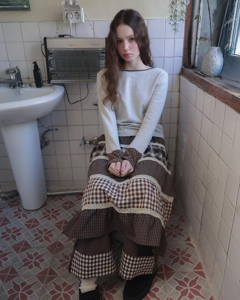 Phased Cottage Mix Pattern Skirt_Brown
