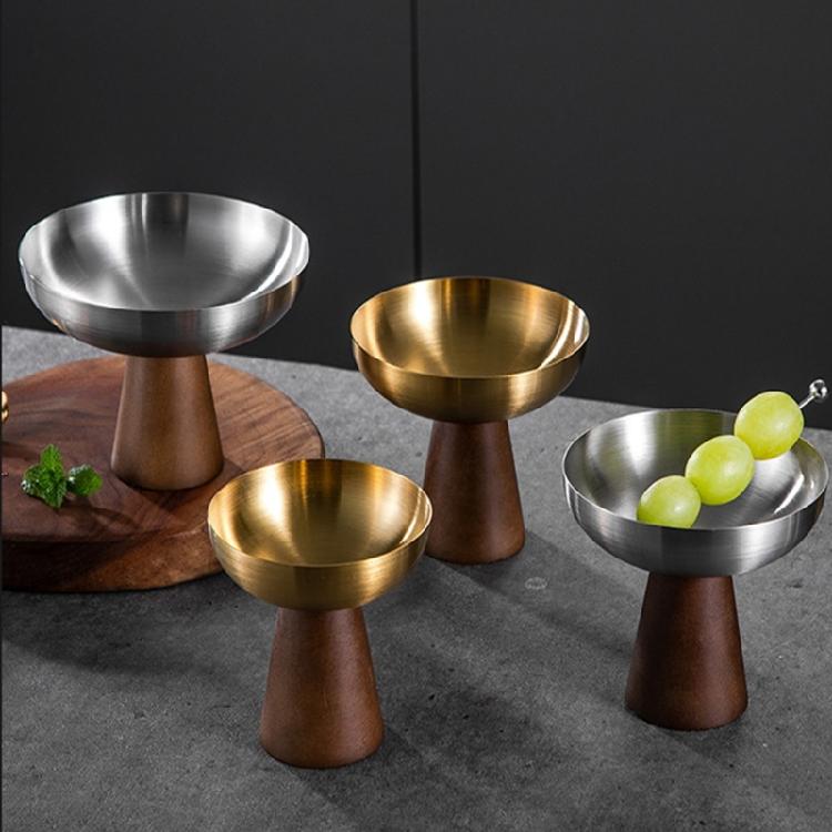 Wood Base And Stainless Steel Dessert Holder Elegant Serving Cup For Ice Cream Fruit Salad And Snacks