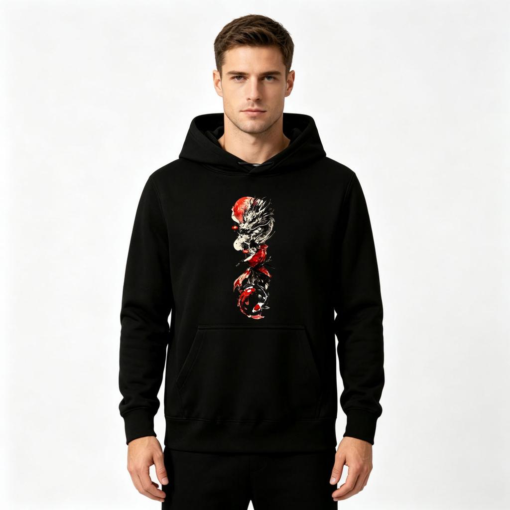 Erkek Şık Soyut Kırmızı Siyah Sazan Baskılı Kapişonlu Sweatshirt Günlük Uzun Kollu Sweatshirt
