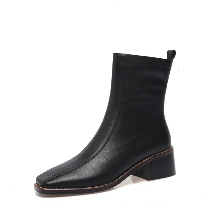 Fashion 2025 New Autumn Women Boots Genuine Leather Fashion Chelsea Boots for Women Square Toe Short Boots High Heels Ladies Shoes