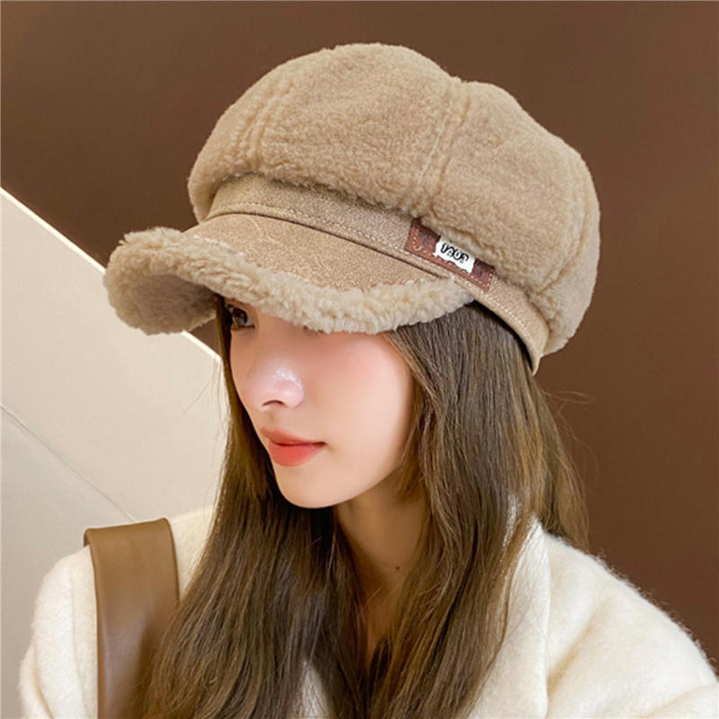Women Lamb Fleece Duckbill Hats Thicken Warm Octagonal Newsboy Beret Cap Cold-proof Plush Artist Painter Caps Fashion New Style