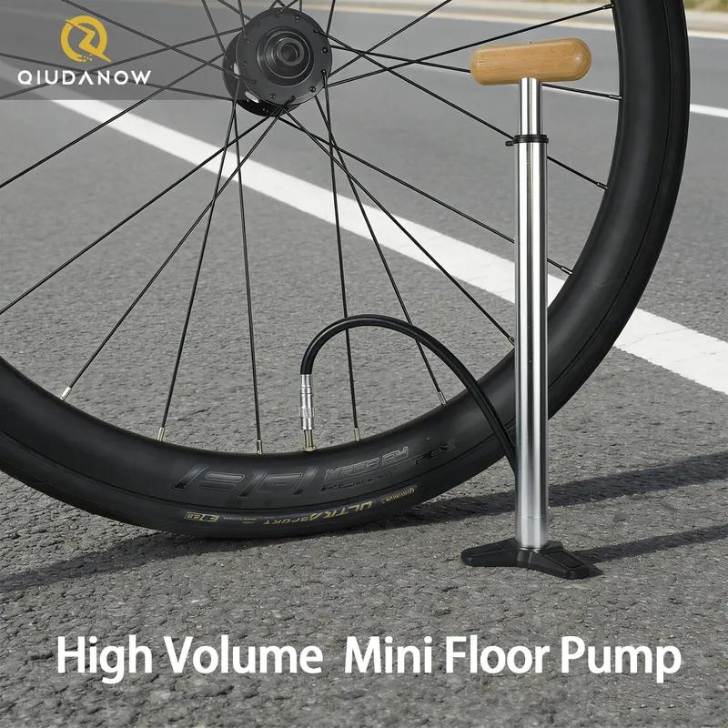 Aluminum Alloy Silvery Portable Bicycle Manual Air Pump 150 PSI with Quick Switch Nozzle for Road/MTB Bike with Wooden Handle