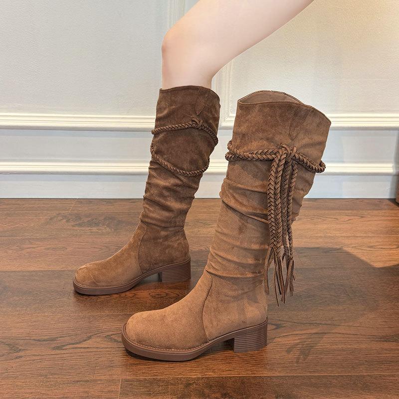 Coarse Heel Fringed Boots Maillard Boots Children's New Spring and Autumn Western Cowboy Stack Boots Tall Knight Boots