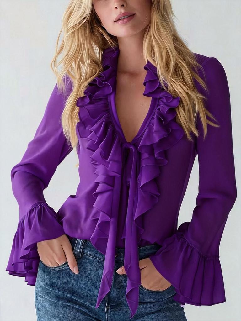 Women's Ruffle Collar Tie Detail Blouse with Bell Sleeves In 3 Colors