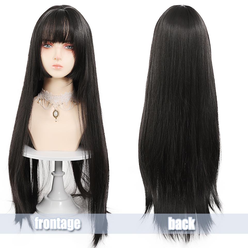 WTB Peluca Sintética Larga Lisa Negra Moda Femenina Flequillo Recto Fiesta Lolita Halloween Peluca Larga Lisa