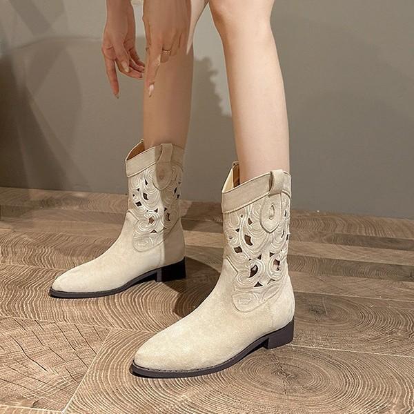 Cowhide Version~ Medium Tube Retro Western Cowboy Boots Women's Thick Heel Grassland Knight Boots Fashion Short Boots 2025 New Summer