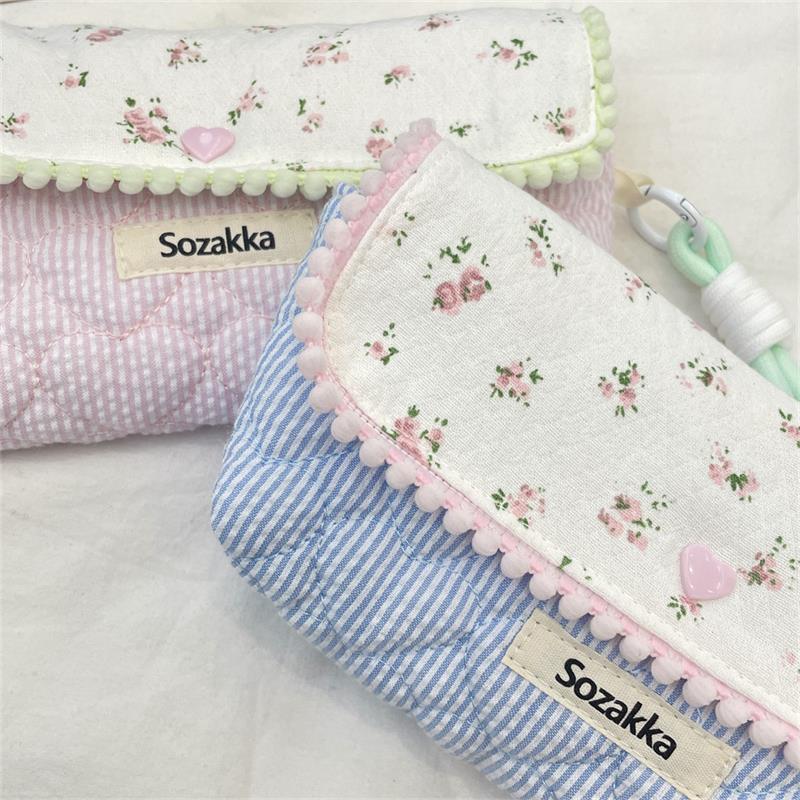 Sweet Floral Pencil Case With Lanyard Handbag Girly Cosmetic Bag Large Capacity Portable Storage Bag Student Stationery Bag Gift