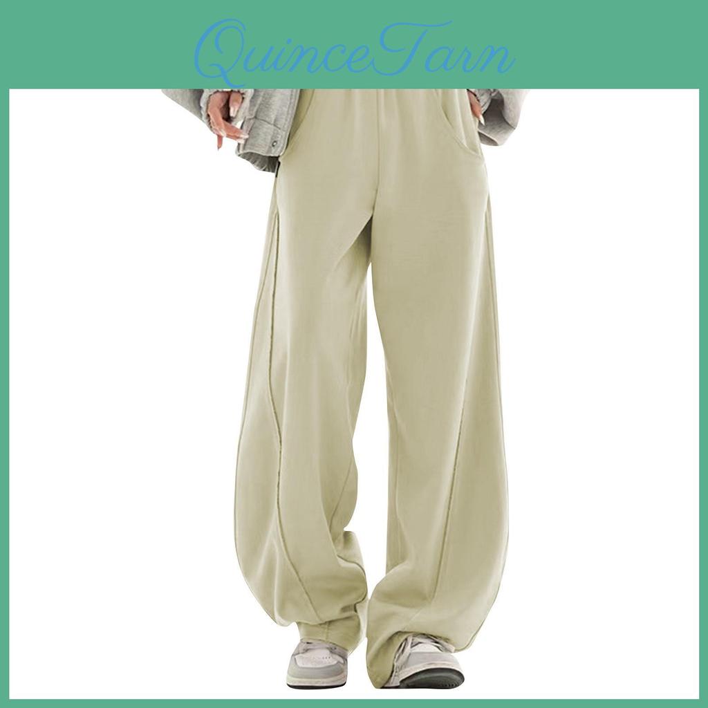 Leg Sports Trendy Wide Womens Pants Casual Elastic Waist Loosefit Straight Tube Pants With Pockets