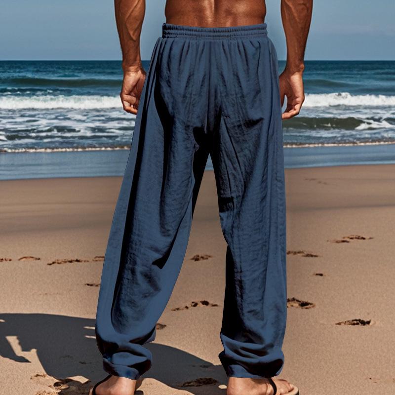 Cross-Border Men's Cotton Linen Drawstring Beach Pants.