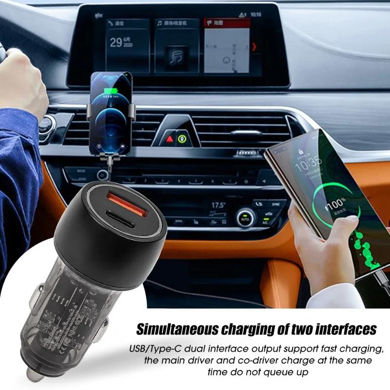 48W Car Charger Vehicle Fast Charging Power Adapter Accessories USB Type-C Super Fast Charging Transparent Black Car Charger