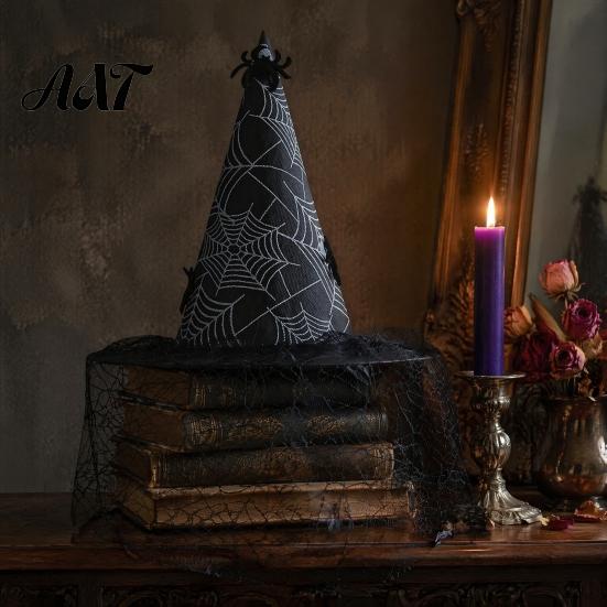 Dark Theme Stage Performance Hat Halloween Witch Hat, with Lace Mesh And Simulated Spiders, Gothic Fancy Dress Accessories for Parties Style