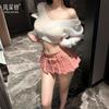 Sexy Underwear Uniform Seduction Student Plaid Miniskirt Low Neckline Sweater Set Pleated Skirt