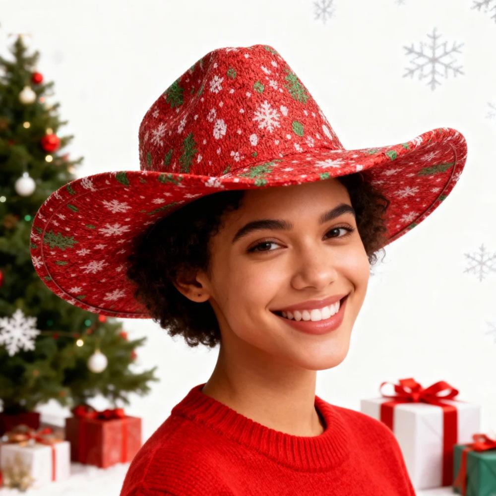 Spot Red Christmas Western Cowboy Hat Snowflake Stripe Party Ball Dress Up Jazz Hat Versatile Top Hat