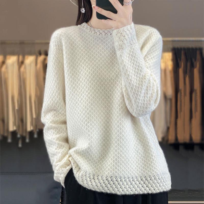 Women's 100% Pure Wool Thick Round Neck Sweater with Crochet Lace Knit and Half-High Neck
