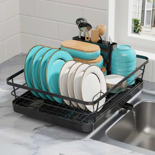 Sakugi Dish Drying Rack (1 Tier) - Slim, Space-Saving Dish Drying Rack with Drainer and Cutlery Holder | Stainless Steel, Automatic Draining, Easy Ass