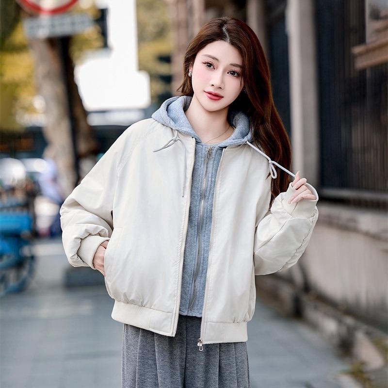 Simple couple baseball cotton jacket hooded loose splicing sweater fake two contrasting thick cotton jacket