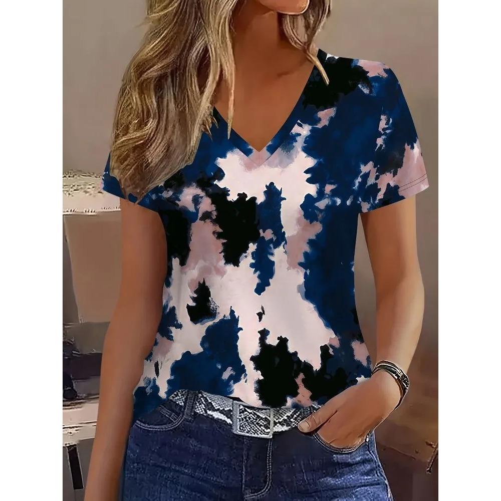 Creative Colorful Stripe Pattern Summer Soft Fashionable Comfortable Women's T-Shirts Casual Breathable Loose V-Neck Short-Sleeve T-Shirt