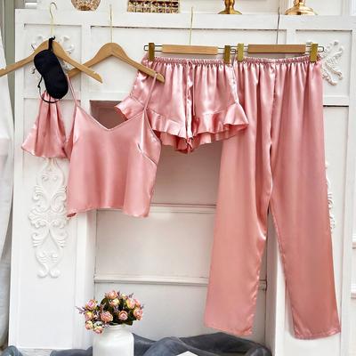 Pijama Üç Parçalı Set İlkbahar ve Yaz Jartiyer Şort Pantolon Ev Tekstili Eğlence Yumuşak Pijama Takımı