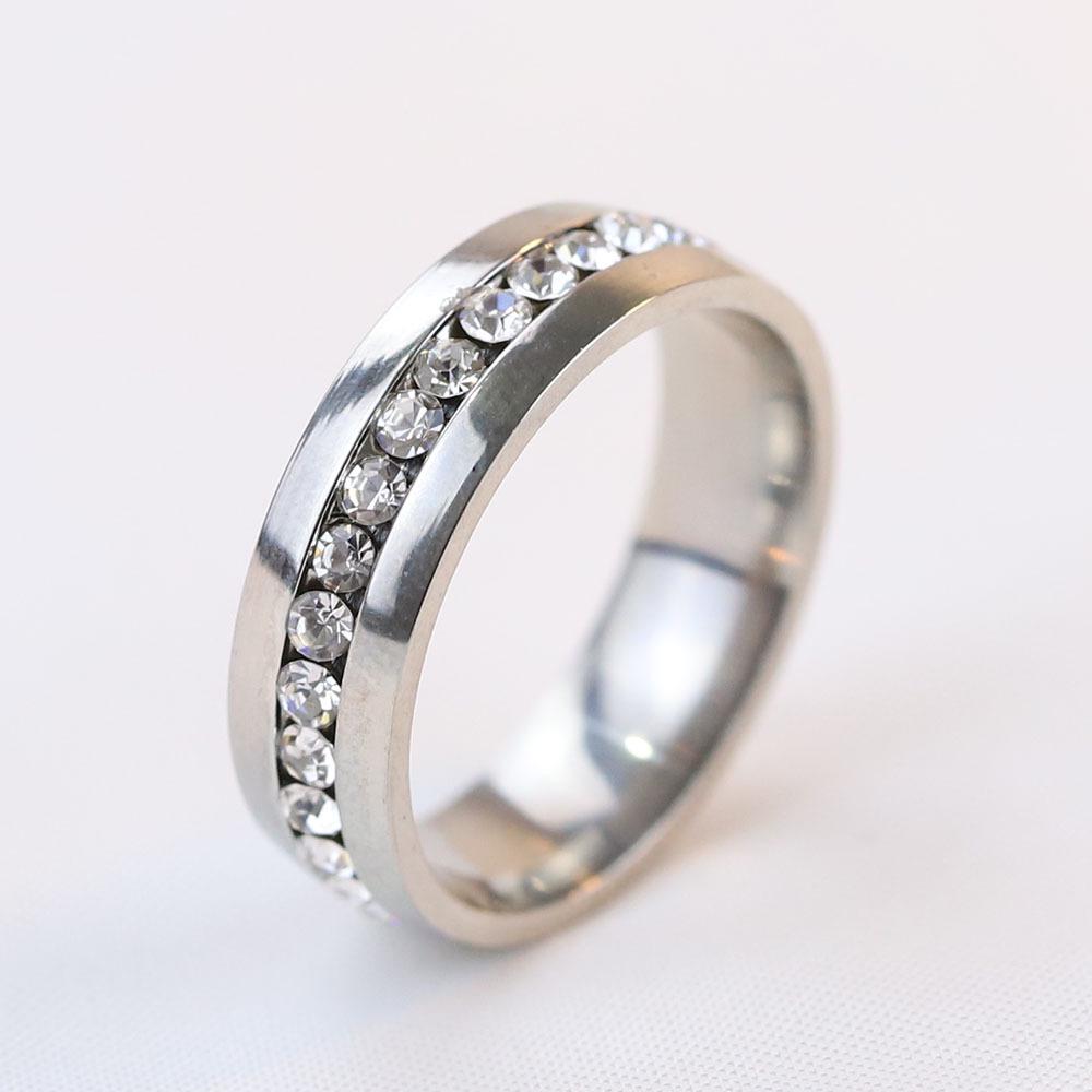 European-American Fashion 6MM Multi-color Rhinestone Couple s Stainless Steel Ring Size 7